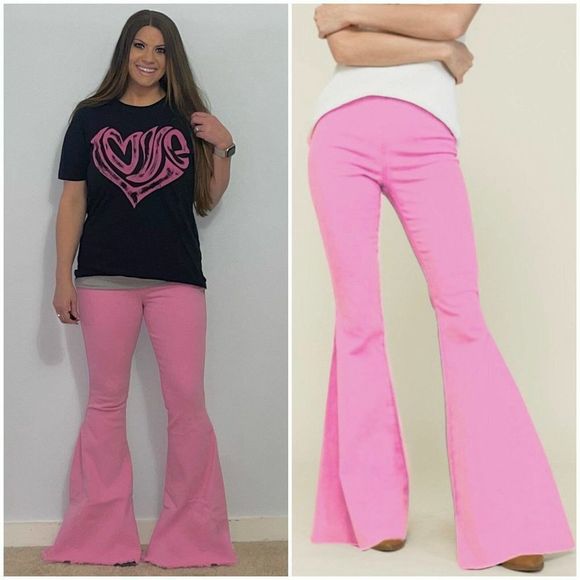 Barbie Pink Mineral Washed Pull On Bell Bottoms.  33” Inseam- sku: 9145 - Picture 1 of 4